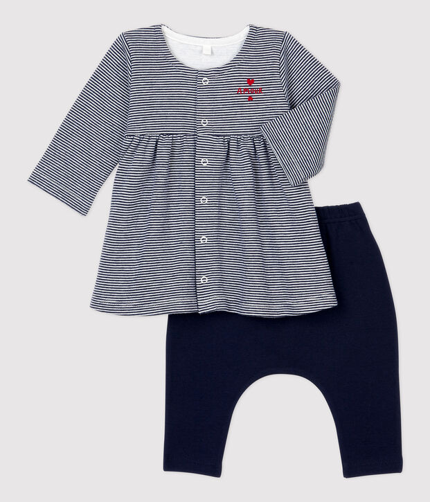 Vestido con leggings a rayas de beb&eacute; de ni&ntilde;a de tejido t&uacute;bico de algod&oacute;n org&aacute;nico azul/blanco